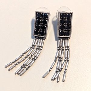 Vintage Prong Set Black Rhinestone Silver Tone Fringe Dangle Drop Earrings